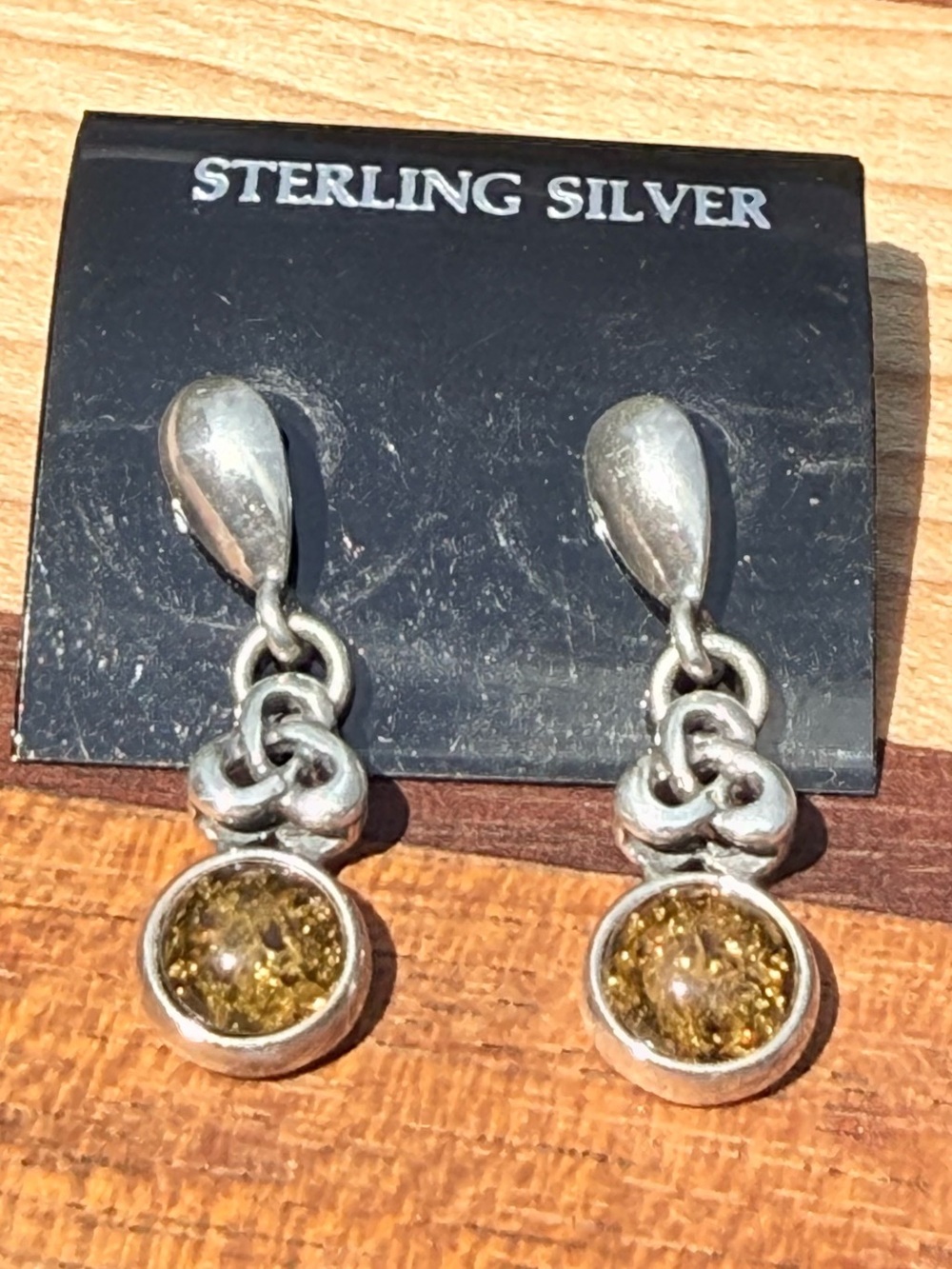 Sterling Silver Celtic Drop Earrings with Amber Stone from Scotland - Picture 3 of 8